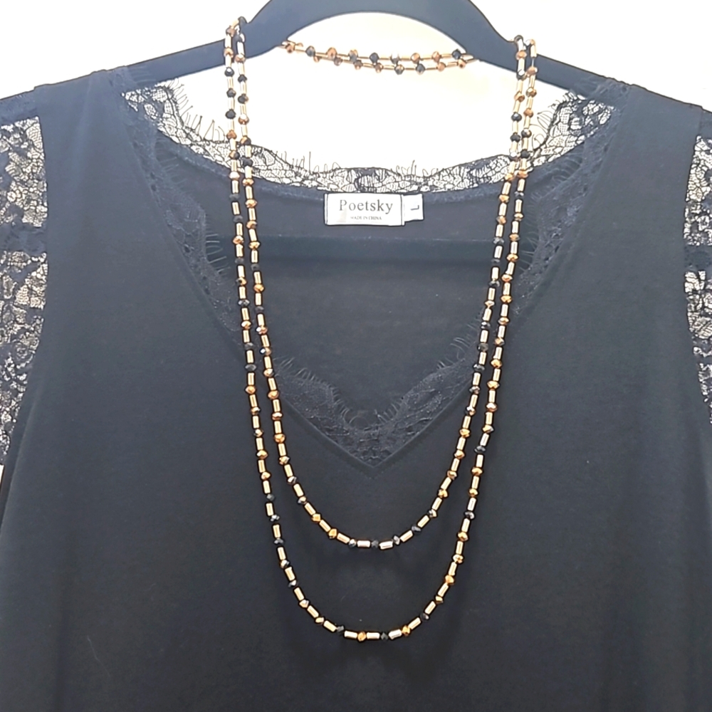Gold and Black Beaded Stretch Necklace 29" Long